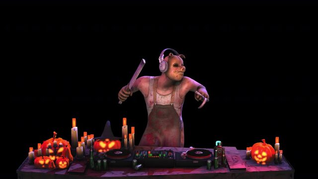 Seamless animation of butcher psycho killer djing with turntables isolated with alpha channel. Funny halloween background.