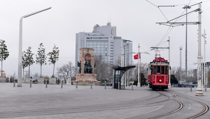 Taksim square complete lock down due to corona virus, Istiklal street closed empty streets empty roads, Taksim square red tram, Empty taksim square