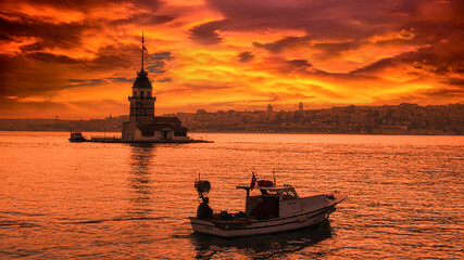 Beautiful Sunset view.Maiden Tower Kiz Kulesi Golden Hour Istanbul Turkey, Sunset over the river