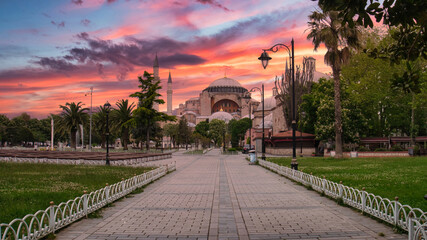 Landscape sunset view of Hagia Sophia in Istanbul Turkey, Aya sofya dramatic sunset, Hagia Sophia view at sunset, Pink hour sunset in Istanbul, Empty street view selective focus shallow depth of field