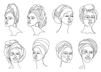 Collection. Silhouettes of the girl's head. Lady in a turban, scarf. Woman face in modern one line style. Solid line, contour for decor, posters, stickers, logo. Vector illustration set.