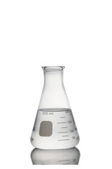 Erlenmeyer flask glassware with water and reflection isolated on white background with clipping path