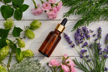 Aromatic essential oil in a bottle with different fresh plants and flowers on a white  wooden background.