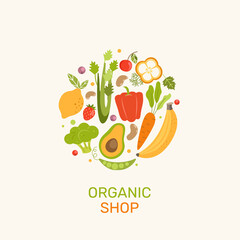 Organic shop banner with vegetables,berries,fruits.Natural products-banana,lemon,cabbage,celery and carrot,pepper and avocado,strawberry,beans and blueberry and cranberries.Vector for web,design,print