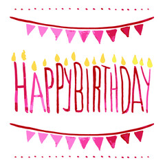 Vector watercolor illustration of Happy Birthday red card design with candle light, ribbons and spots