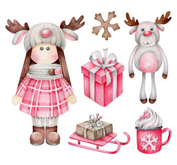 Watercolor Christmas set:doll,toy,gift box,mug.Winter collection