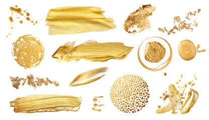 Gold glitter and bronze color blot elements. on white background. Abstract stain on white background. Collection..