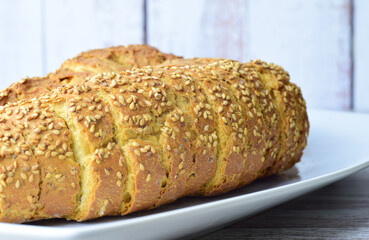 Chia bread, rich in omega three, healthy, beneficial for our body and characteristic of its yellow color and spongy texture.