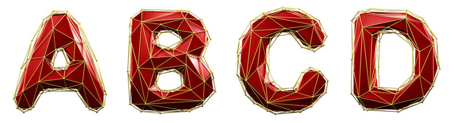 Realistic 3D set of letters A, B, C, D made of low poly style. Collection symbols of low poly style red color glass isolated on white background 3d