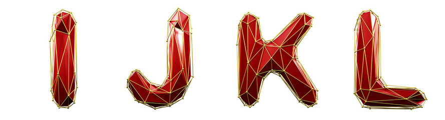 Realistic 3D set of letters I, J, K, L made of low poly style. Collection symbols of low poly style red color glass isolated on white background 3d