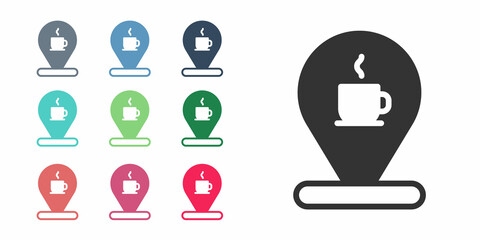 Black Location with coffee cup icon isolated on white background. Set icons colorful. Vector