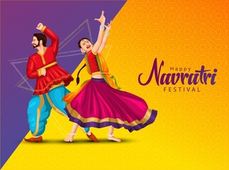 Garba Night poster for Navratri Dussehra festival of India. vector illustration of girls playing Dandiya dance.