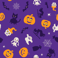 Seamless vector pattern for Halloween design. Halloween symbols: pumpkin, spider, ghost, bat in cartoon style. Vector Illustration