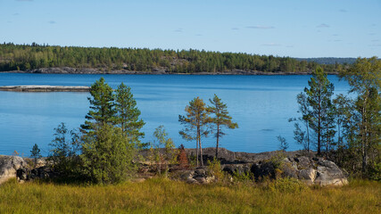 Lake Ladoga in Karelia on a sunny day in early autumn.