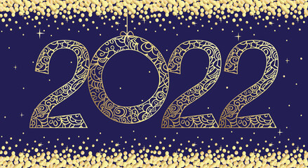 2022. New Year banner with openwork numbers and flying confetti. Golden vector gradient on a dark blue background.