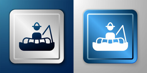 Fototapeta premium White Fisherman sitting in a boat and fishing with a rod icon isolated on blue and grey background. Silver and blue square button. Vector