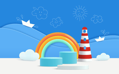 3d render podium with sea concept for kids or baby product.