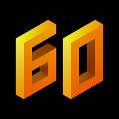 Gradient golden number 60 in isometric style. Yellow figure isolated on black background. Learning numbers, price.