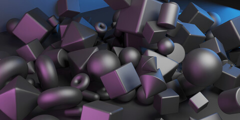 Heap of black geometric shapes abstract background