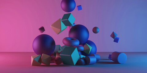 Heap of colorful geometric shapes falling on studio background
