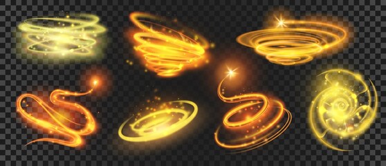 Shiny gold magic spirals and circles with sparkle dust. Glow glitter swirls. Shooting star with motion effect. Magic light trail vector set © Tartila