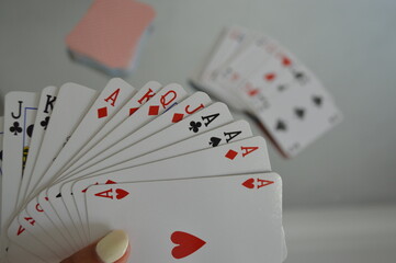  A top view of playing cards. Poker Hands. Close up view of 10 playing cards .poker.