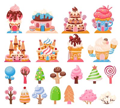 Candy land chocolate biscuit houses and caramel trees. Fantasy city with cake castles. Sweet game lollipops and cupcakes elements vector set
