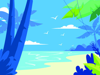 Fototapeta na wymiar Cartoon summer beach. paradise nature vacation, ocean or sea seashore. seaside landscape background illustration