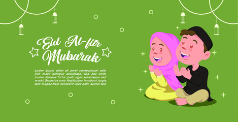 Flat design eid mubarak with girl and boy praying