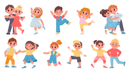 Cute cartoon children boys and girls dancing in couples. Kindergarten kids dance waltz, jump and have fun. Happy child characters vector set