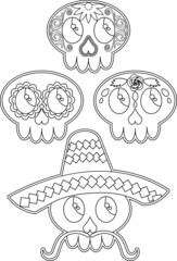 set of cute mexican skulls with tradition ornament