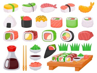 Japanese food sushi, onigiri, salmon sashimi and sauces. Cartoon shrimp tempura, asian chopsticks, soy sauce, wasabi and ginger vector set