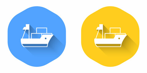 White Cargo ship icon isolated with long shadow background. Circle button. Vector