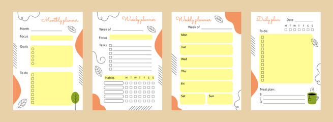 A set of pages for planning a day, week, month. Vector element with abstract elements and lines. Habit tracker, meal planning, to-do list