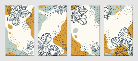 Fototapeta na wymiar Botanical art. Abstract organic vector shapes, leaves, branch, plants. Set of natural template in doodle style for social media post, cover, poster, stories, background. Modern graphics for holiday. 