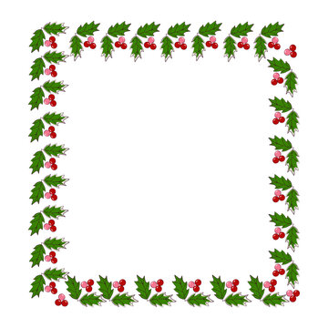 simple rectangular vector  Christmas frame with holly leaves and berries 