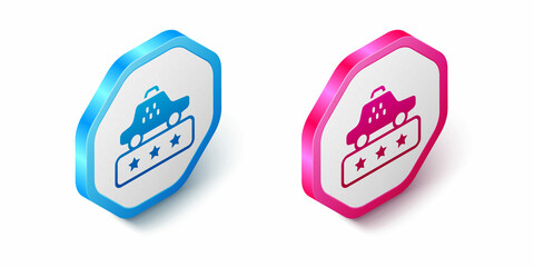 Isometric Taxi service rating icon isolated on white background. Hexagon button. Vector