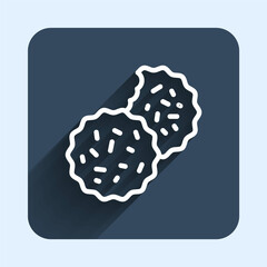 White line Cookie or biscuit with chocolate icon isolated with long shadow background. Blue square button. Vector