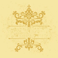 Vintage gold grunge template with pattern and frame borders. Decorative shabby pattern for invitation, tag, postcard or certificate. Gold, yellow color.