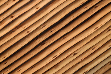 Close up abstract view of horizontal slatted wooden bamboo poles tied together in a row to form a partition or a wall. Concept of background, nature, wood, pattern, sustainability.