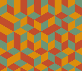 Abstract background seamless geometric pattern. Cube shape, diamond shape. Red orange green color. Surface design for apparel, textile, tile, cover, poster, flyer, banner, wall. Vector illustration.