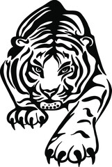 Vector illustration of a tiger or a wild cat with huge claws and fangs. A bloodthirsty predator before hunting a victim. An idea for a tattoo. a relative of a lion, cougar, leopard or cheetah