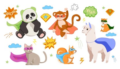 Animal superheroes concept. Set of colorful wild animal characters in masks and raincoats. Design element for sticker, poster and printing. Cartoon flat vector collection isolated on white background