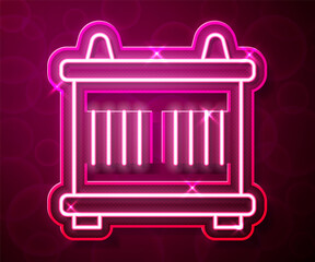 Glowing neon line Container icon isolated on red background. Crane lifts a container with cargo. Vector