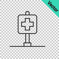 Black line Medical map pointer with cross hospital icon isolated on transparent background. Vector