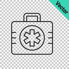 Black line First aid kit icon isolated on transparent background. Medical box with cross. Medical equipment for emergency. Healthcare concept. Vector