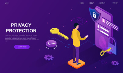 Safety and confidential data. Man being authorized. Person enters username and password to access application. Privacy protection. Cartoon volumetric vector illustration isolated on violet background