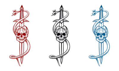 Fototapeta na wymiar Tattoo design with skull sword and snake. Skeleton head and sword vector illustration in white background
