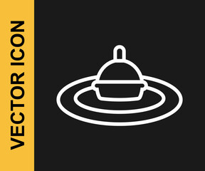 White line Fishing float in water icon isolated on black background. Fishing tackle. Vector