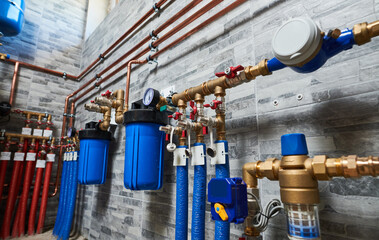 Plumbing service. pipeline with filtraters and leakage protecting equipmentin boiler room